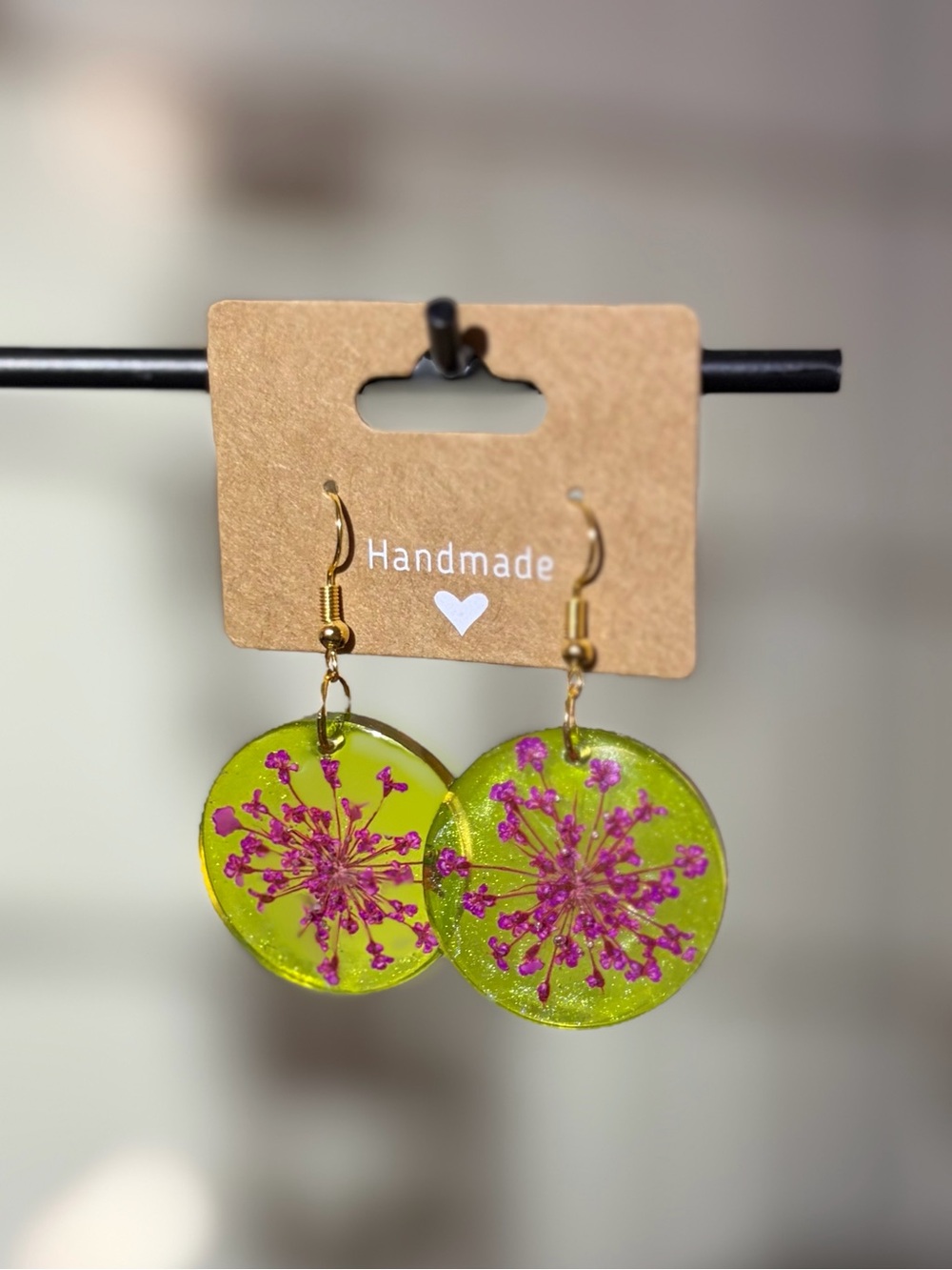 Handmade Lime Green Resin Earrings with Pink Floral Inlay